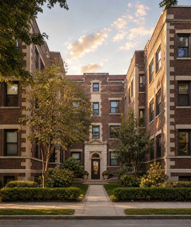 A courtyard apartment building at golden hour