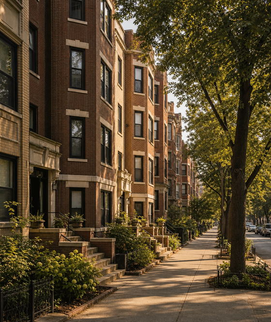 A Midwest street of brick multifamily walk-ups at golden hour